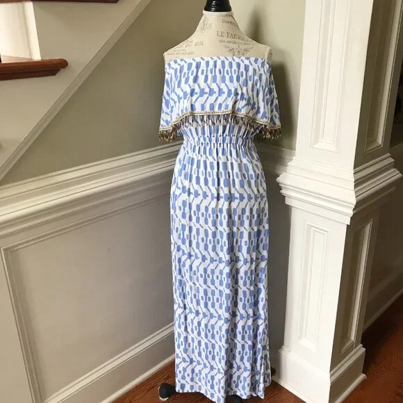 Skemo Beaded Maxi Dress Womens Small Blue White Sleeveless Tube Cover Up Ruffle - Picture 2 of 12